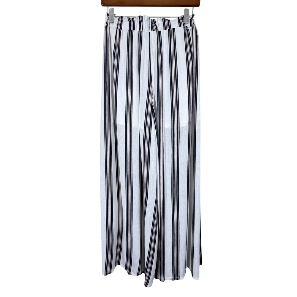 Simplee Women Wide Leg Palazzo Pants Size M Blue Striped High Rise Front Slit - Picture 4 of 13